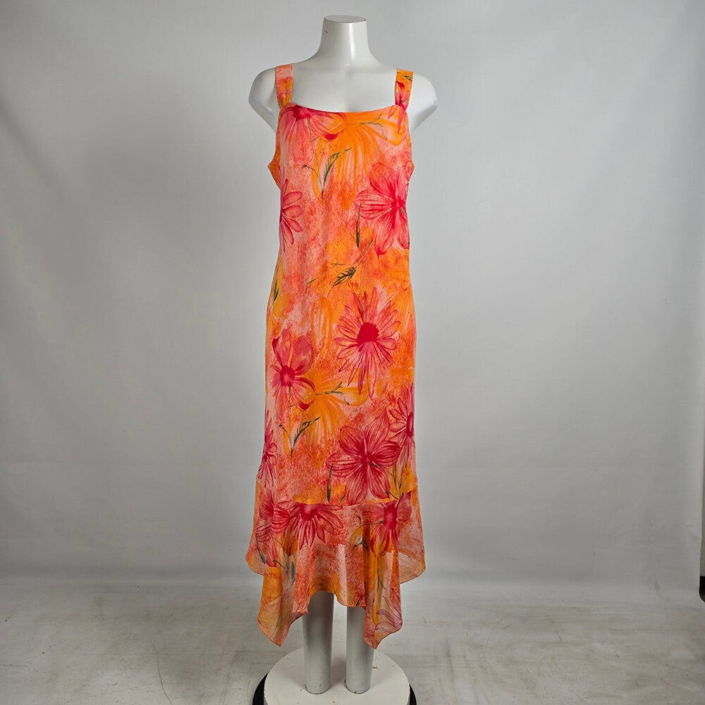 Vintage Sag Harbor Orange Floral Handkerchief Hem Midi Dress Size 10